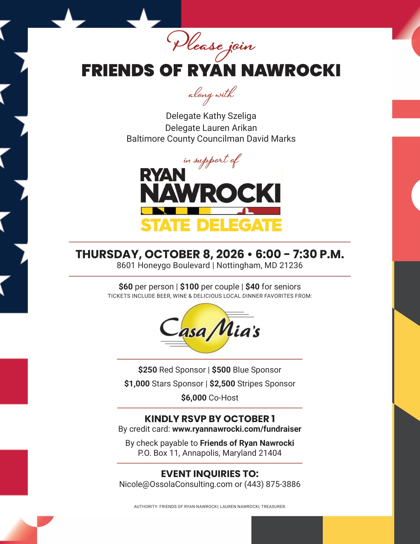 Invitation to the Friends of Ryan Nawrocki fundraiser on Thursday, October 8, 2026, 6:00 to 7:30 PM, at 8601 Honeygo Boulevard in Nottingham